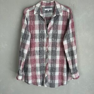 Foxcroft size 16 long sleeve button up shirt red black plaid textured cotton